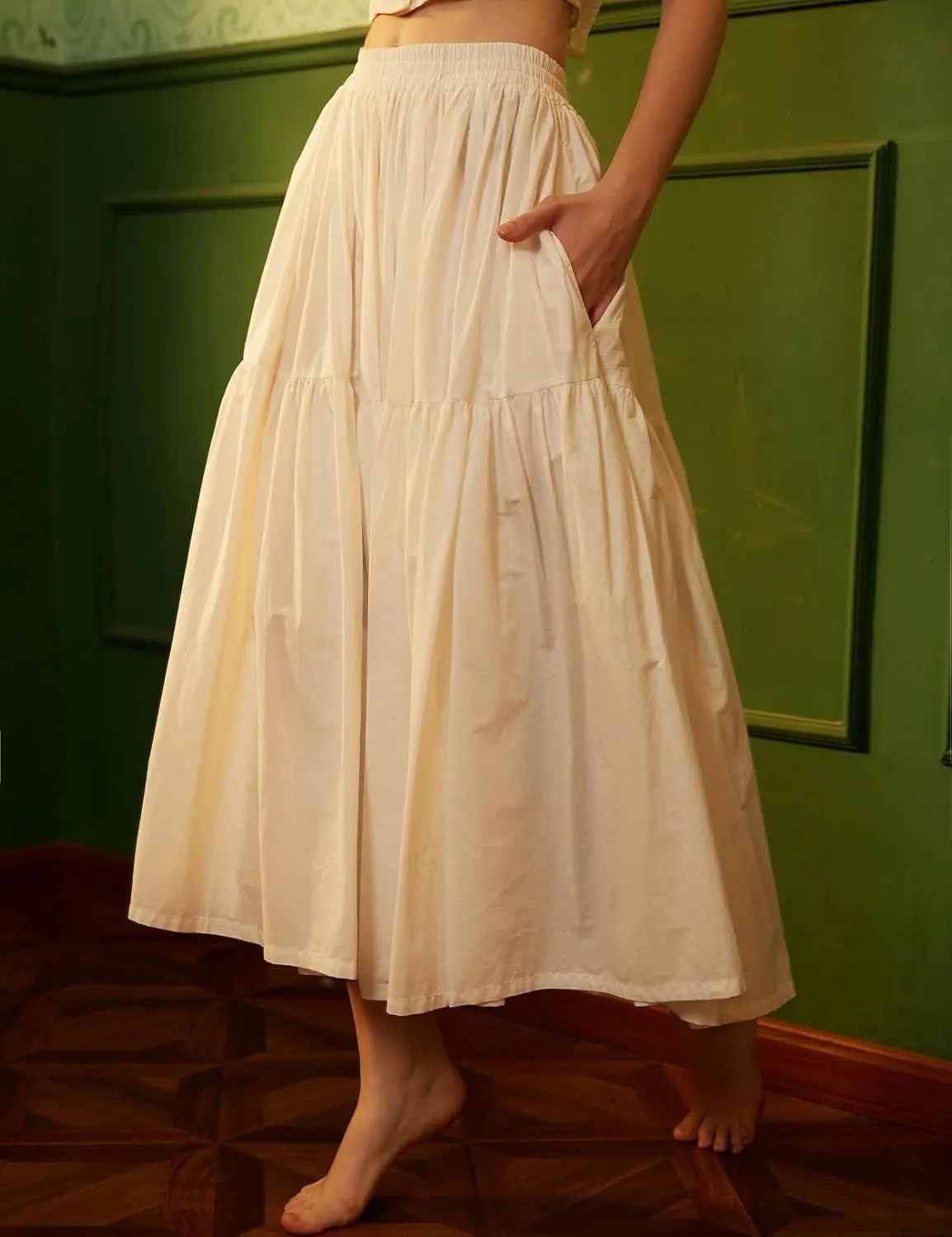 100% Cotton Women Skirt High Elastic Waist A-Line Vintage Puffy Pleated Skirt with 2 Pockets