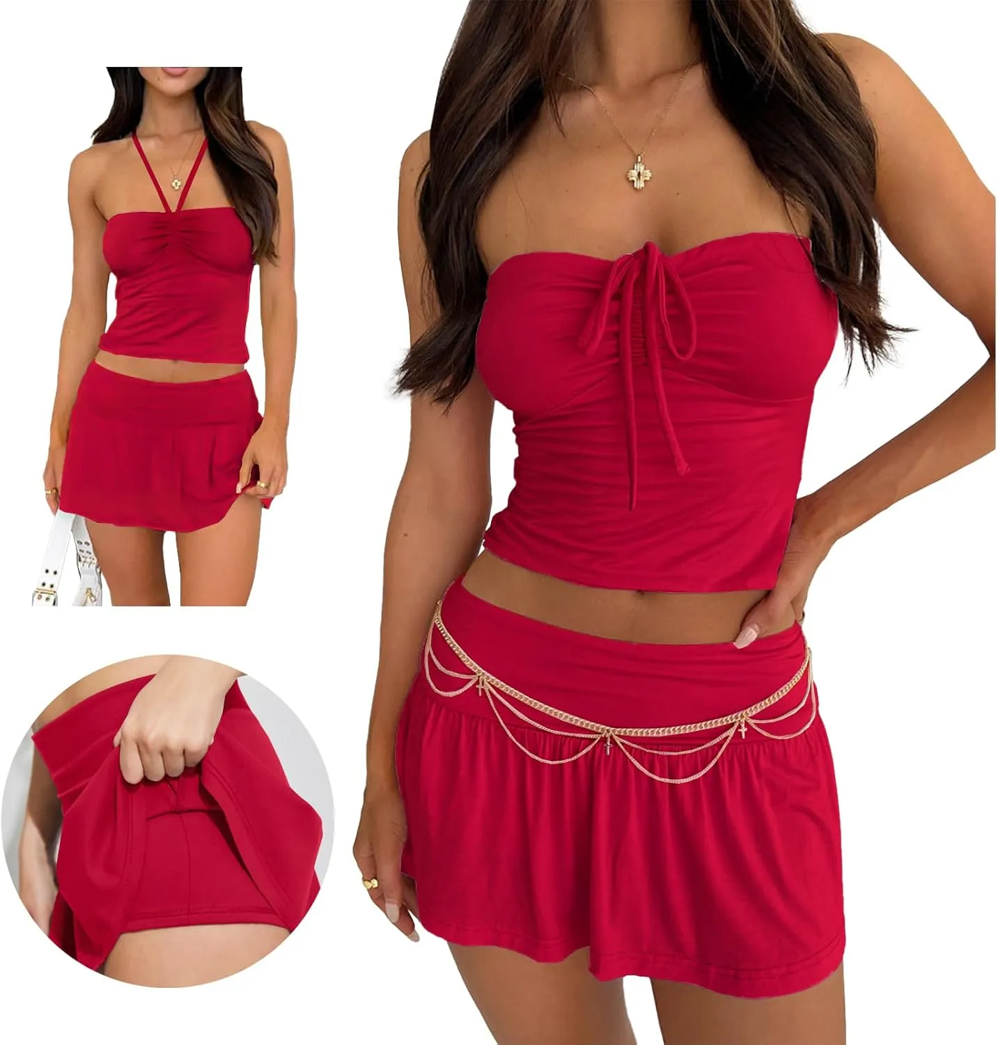2 Piece Skirt Outfits for Women Y2k Summer Bandeau Going Out Crop Tops and Low Wasit Mini Skorts Sets