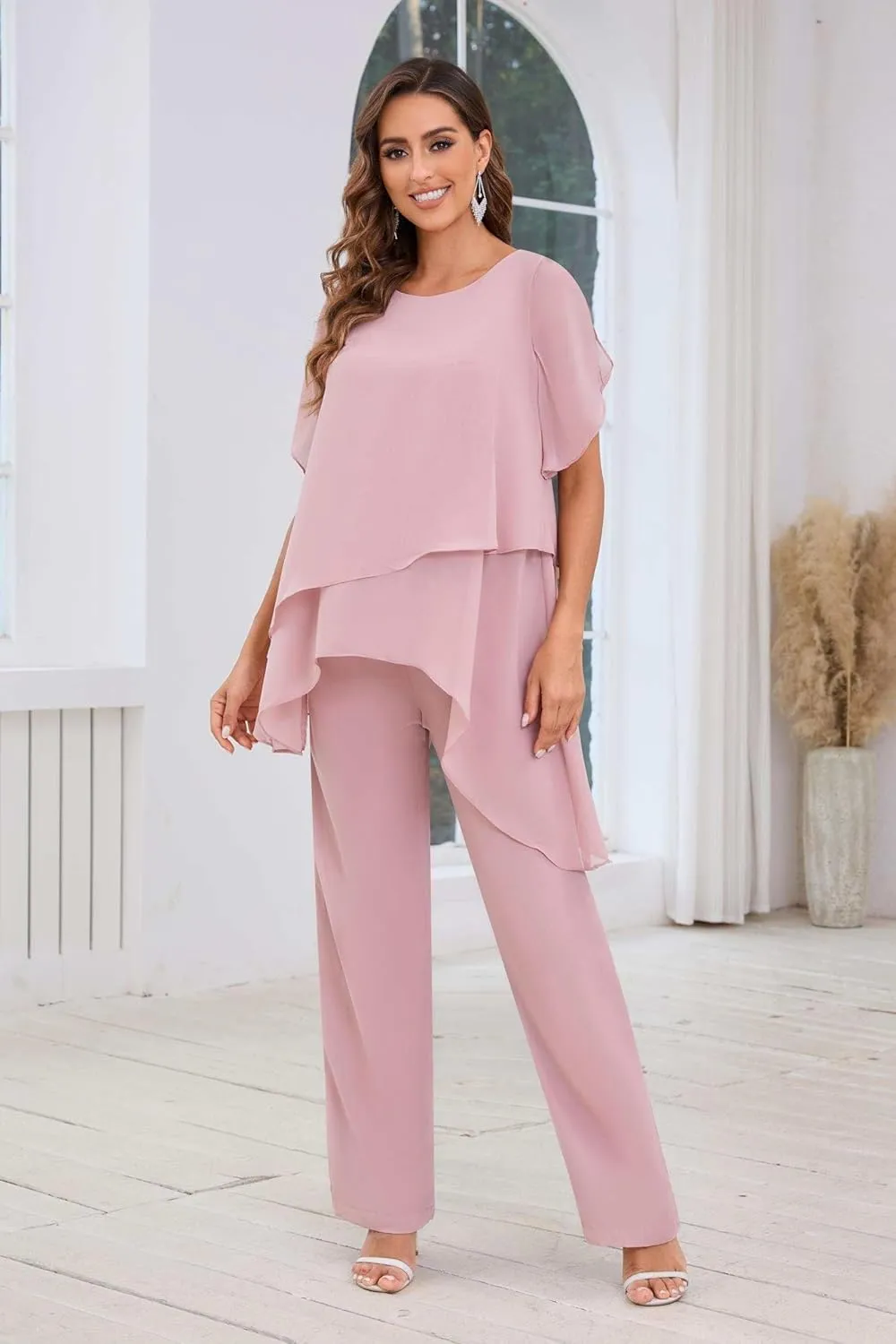 2 Pieces Mother of The Bride Pant Suits Dressy Chiffon Sets Ruffle Layered Formal Wedding Guest Outfit