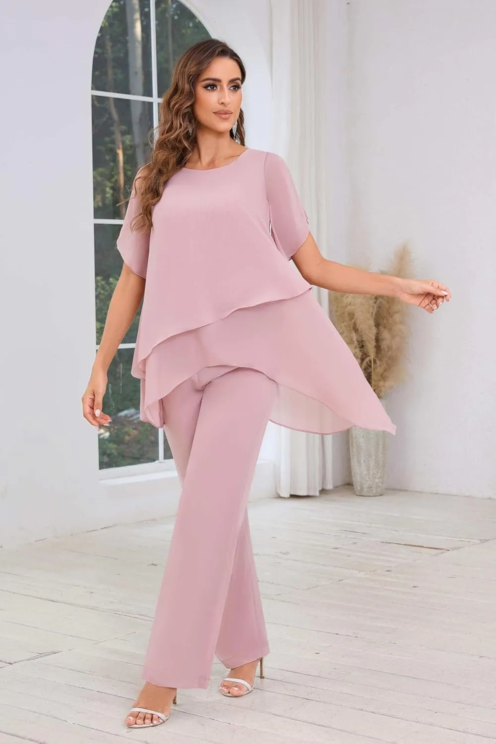2 Pieces Mother of The Bride Pant Suits Dressy Chiffon Sets Ruffle Layered Formal Wedding Guest Outfit