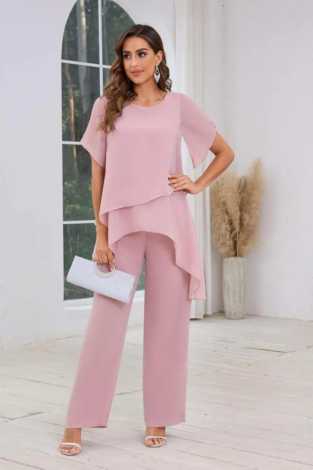 2 Pieces Mother of The Bride Pant Suits Dressy Chiffon Sets Ruffle Layered Formal Wedding Guest Outfit