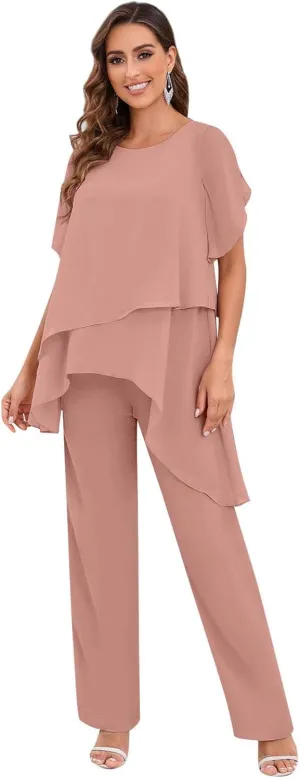2 Pieces Mother of The Bride Pant Suits Dressy Chiffon Sets Ruffle Layered Formal Wedding Guest Outfit