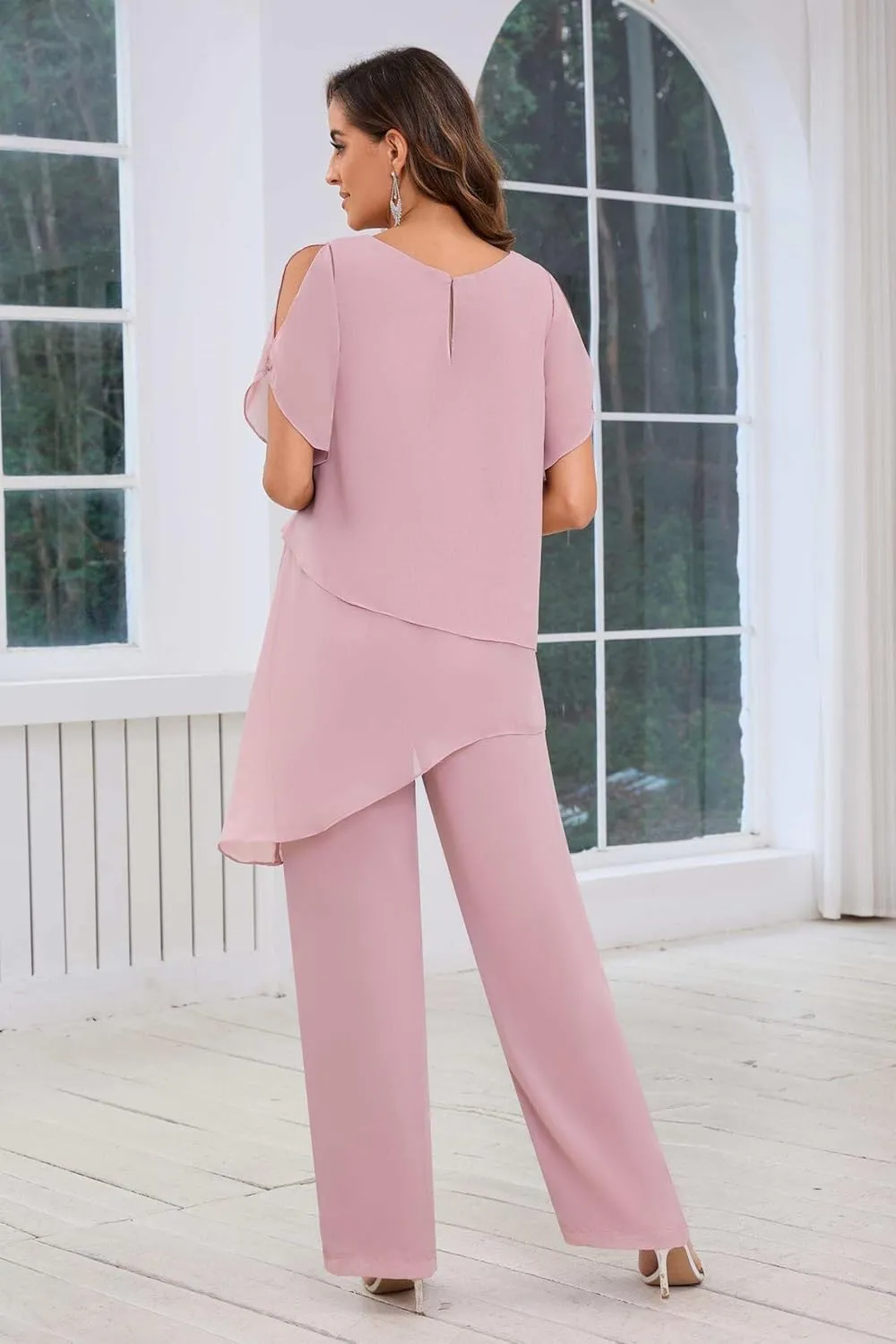 2 Pieces Mother of The Bride Pant Suits for Women Dressy Chiffon Sets Ruffle Layers Formal Wedding Guest Outfit