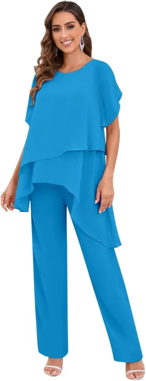 2 Pieces Mother of The Bride Pant Suits for Women Dressy Chiffon Sets Ruffle Layers Formal Wedding Guest Outfit