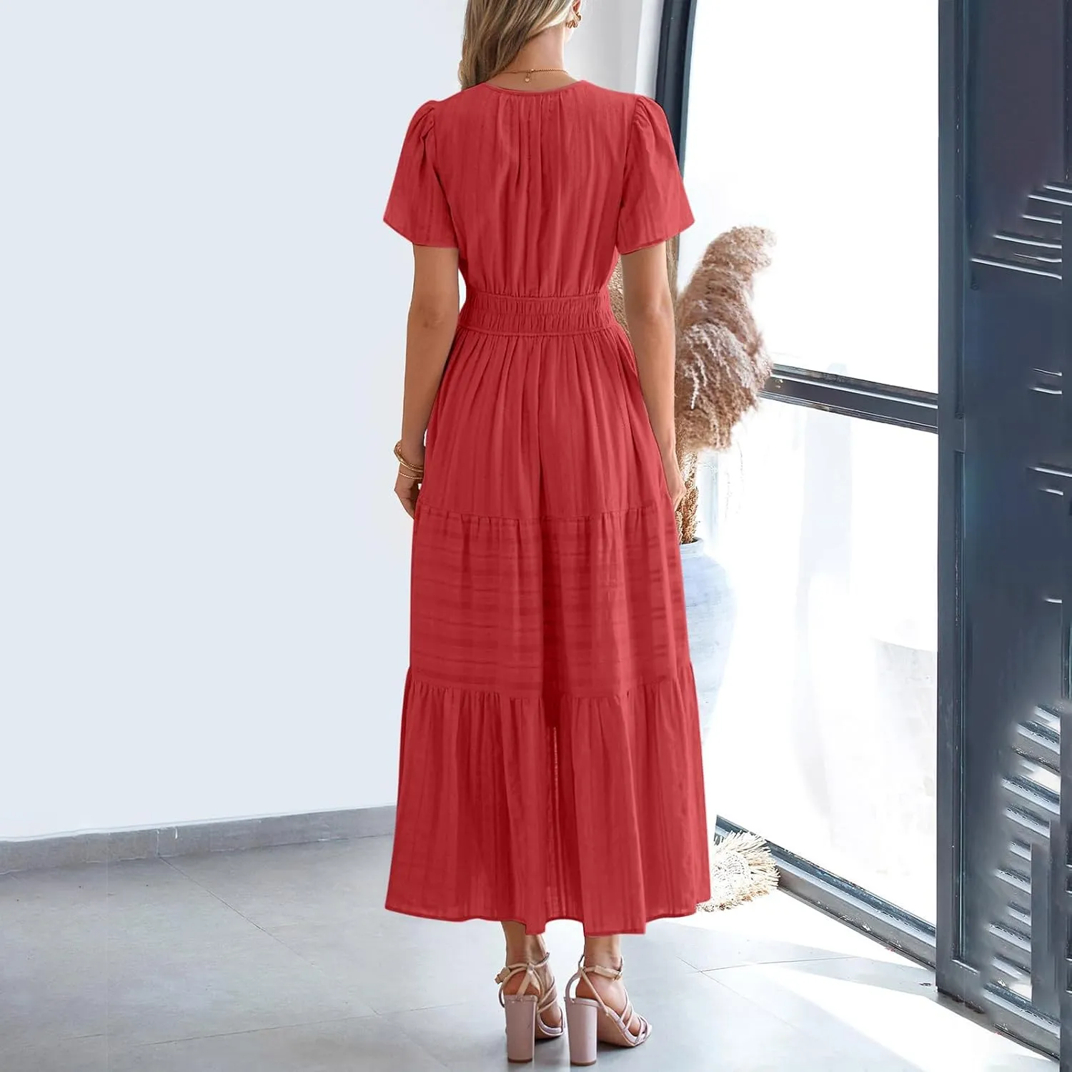 2025 Women V Neck Shirt Dress Summer Short Sleeve Casual Vacation Dresses Cut-Out Embroidered Eyelet Tiered Midi Dress
