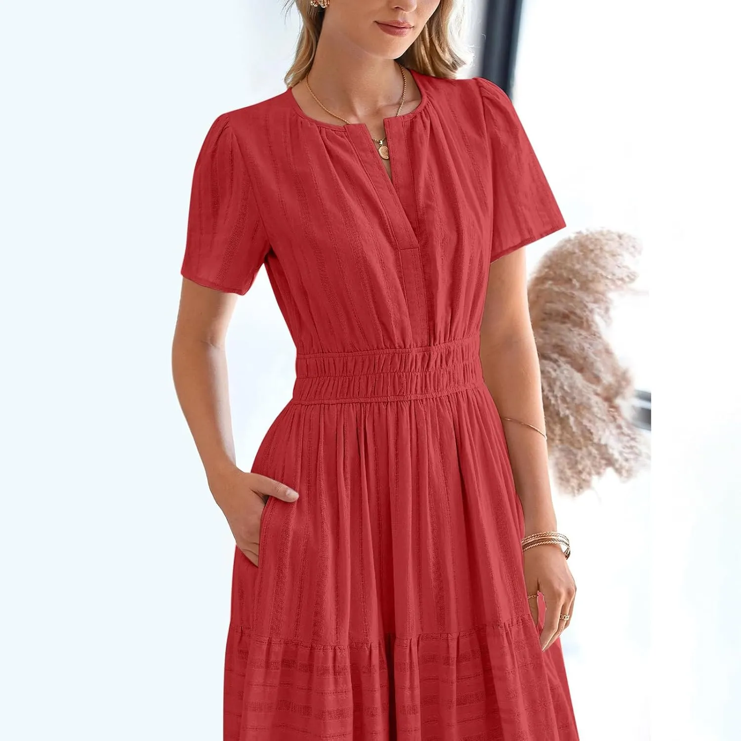 2025 Women V Neck Shirt Dress Summer Short Sleeve Casual Vacation Dresses Cut-Out Embroidered Eyelet Tiered Midi Dress