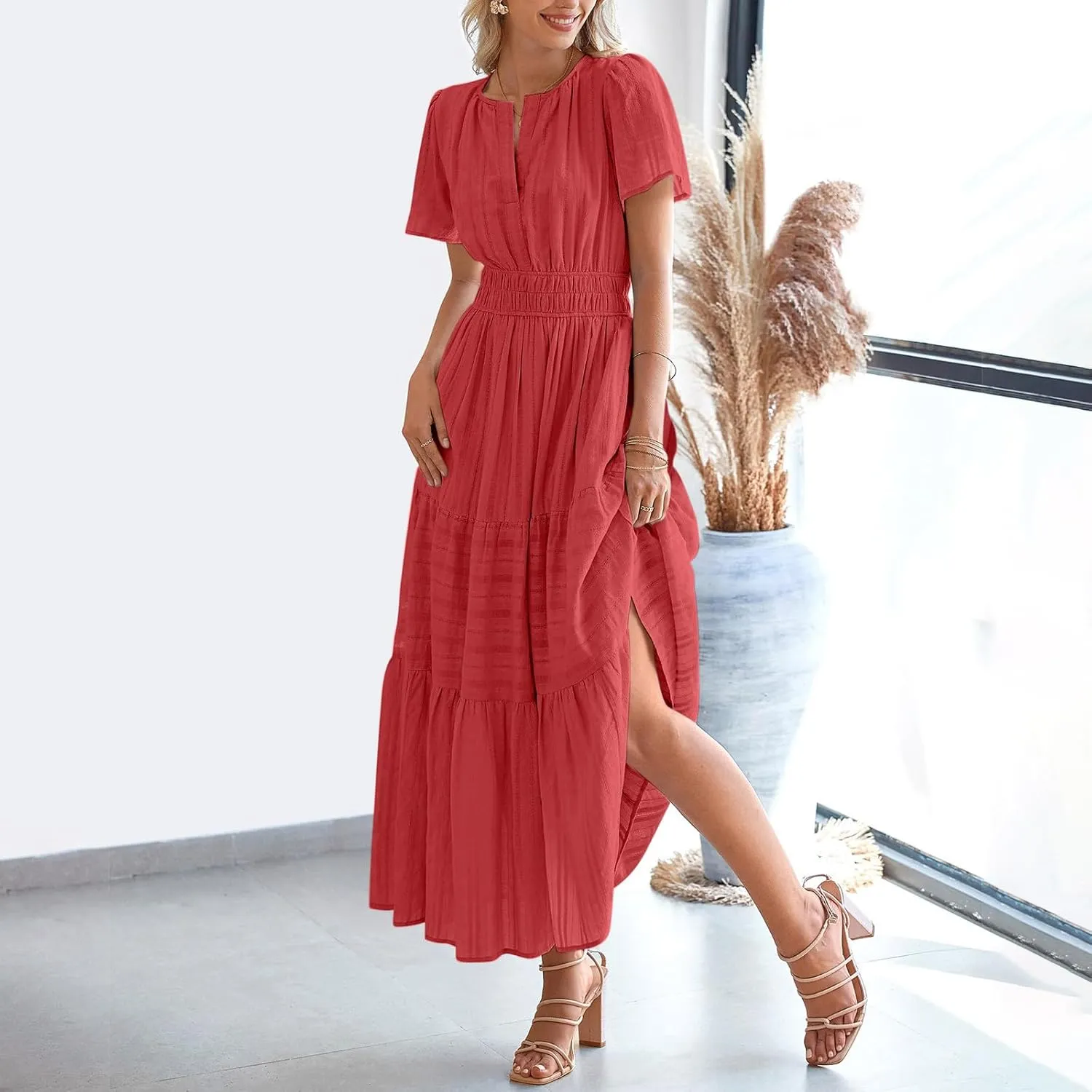 2025 Women V Neck Shirt Dress Summer Short Sleeve Casual Vacation Dresses Cut-Out Embroidered Eyelet Tiered Midi Dress