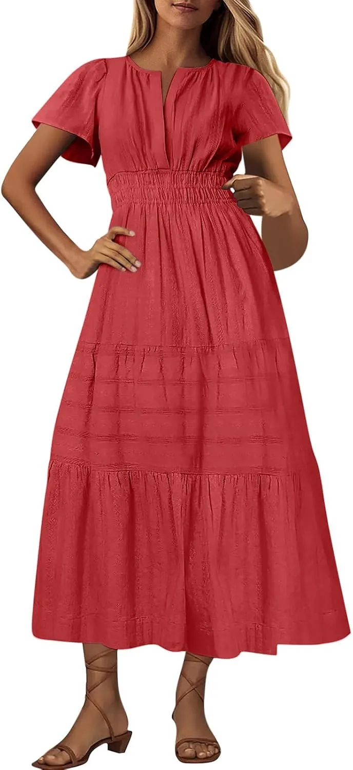 2025 Women V Neck Shirt Dress Summer Short Sleeve Casual Vacation Dresses Cut-Out Embroidered Eyelet Tiered Midi Dress