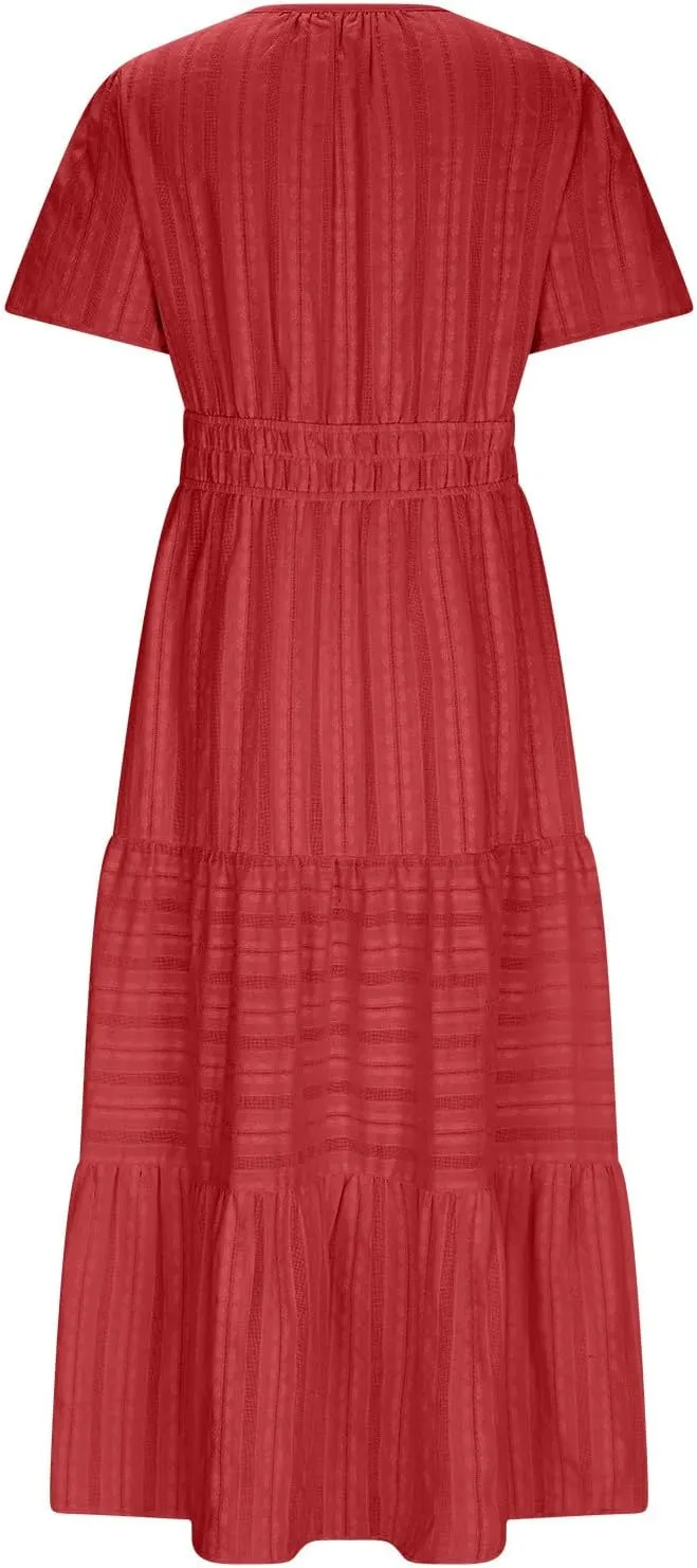 2025 Women V Neck Shirt Dress Summer Short Sleeve Casual Vacation Dresses Cut-Out Embroidered Eyelet Tiered Midi Dress