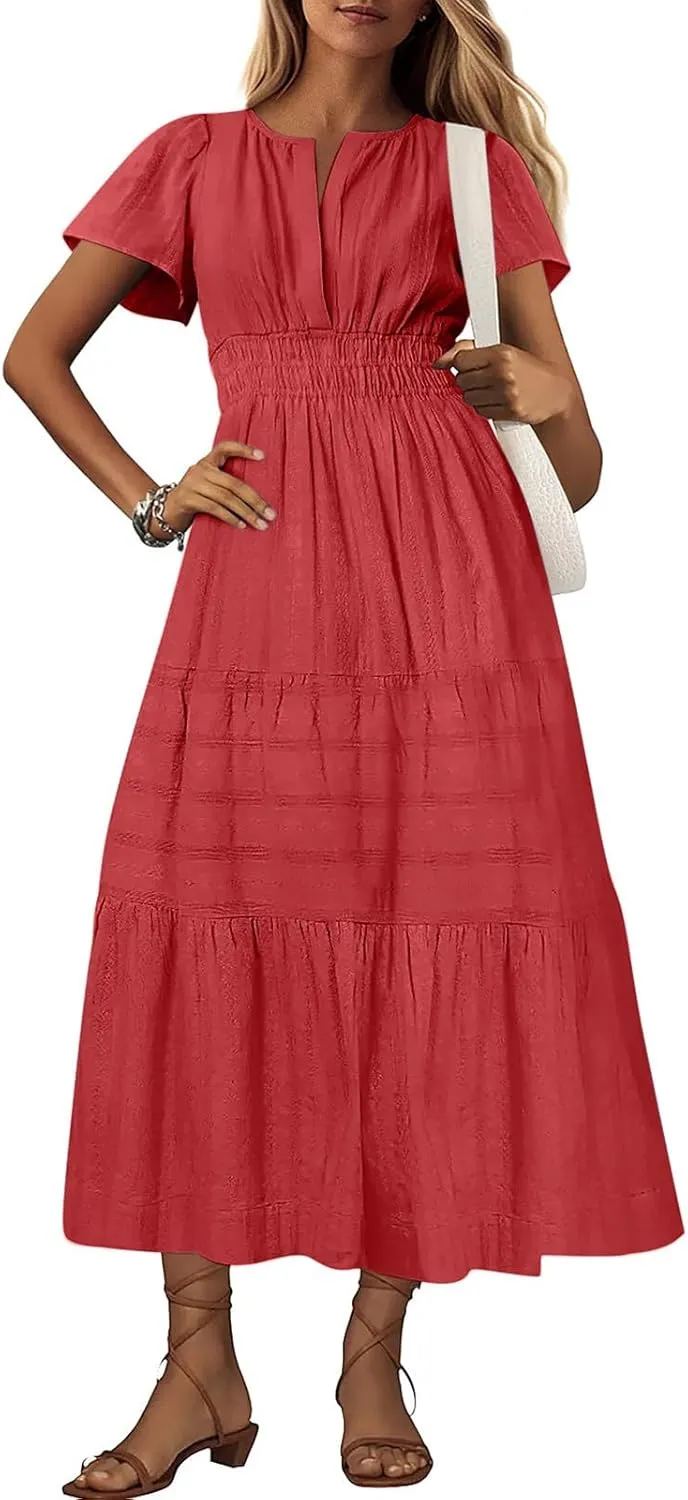 2025 Women V Neck Shirt Dress Summer Short Sleeve Casual Vacation Dresses Cut-Out Embroidered Eyelet Tiered Midi Dress