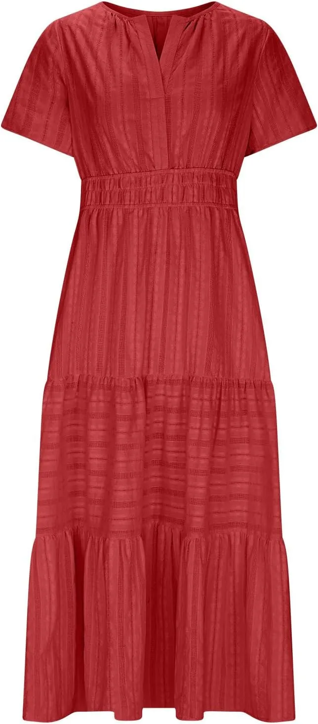 2025 Women V Neck Shirt Dress Summer Short Sleeve Casual Vacation Dresses Cut-Out Embroidered Eyelet Tiered Midi Dress