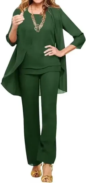 3 Pcs Mother of The Groom Pant Suits Petite for Wedding Chiffon Pant Suits for Women Dressy Wedding Outfits Sets Dark Green US 6