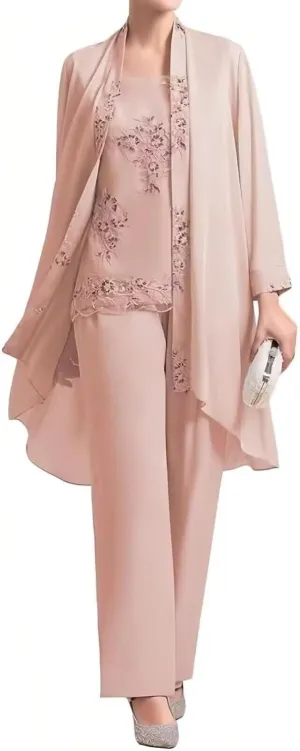 3 Piece Mother of Bride Pant Suits Elegant Chiffon Sets Plus Size Lace Formal Wedding Guest Outfit with Jacket
