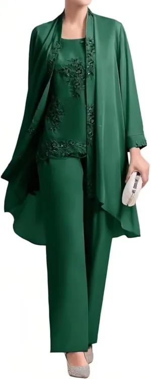 3 Piece Mother of Bride Pant Suits Elegant Chiffon Sets Plus Size Lace Formal Wedding Guest Outfit with Jacket