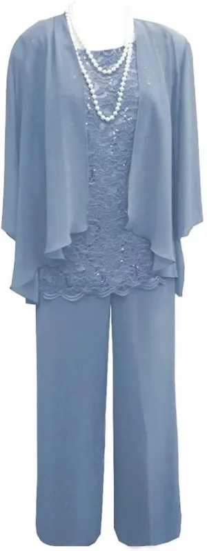 3 Piece Mother of The Bride Dress Pant Suit with Jacket Long Chiffon Formal Dresses for Women Wedding Guest