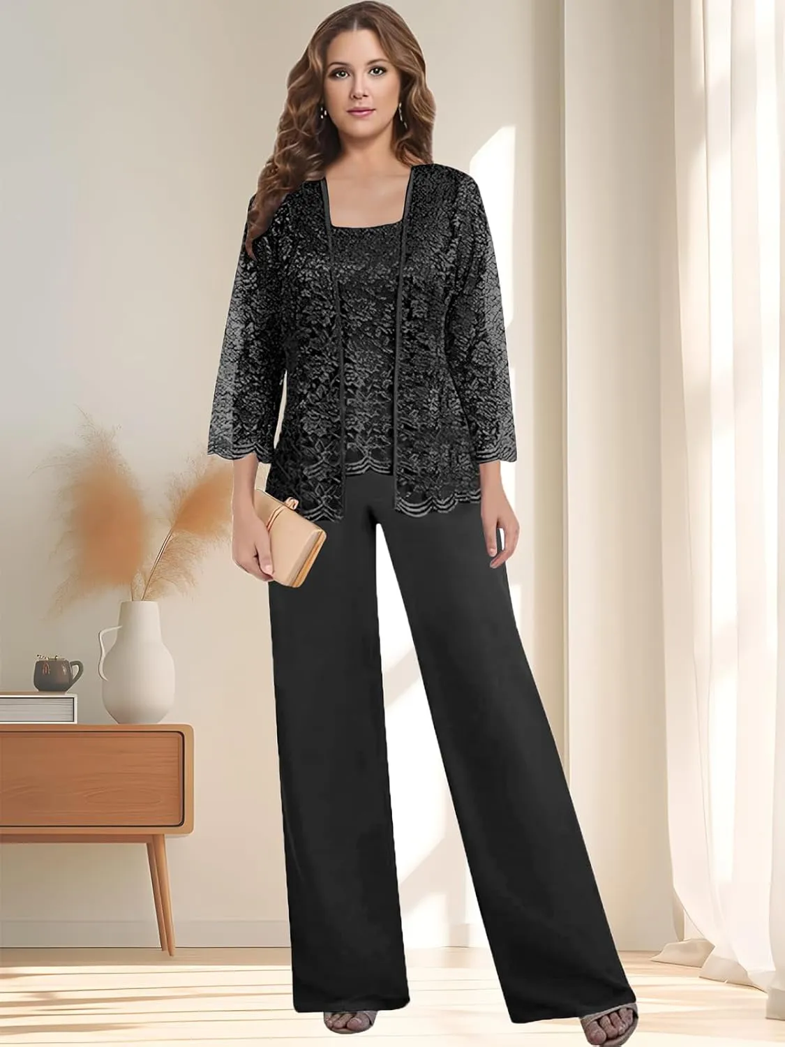 3 Pieces Mother of The Bride Pant Suits for Women Dressy with Jacket Long Sleeve Lace Chiffon Formal Wedding Outfit