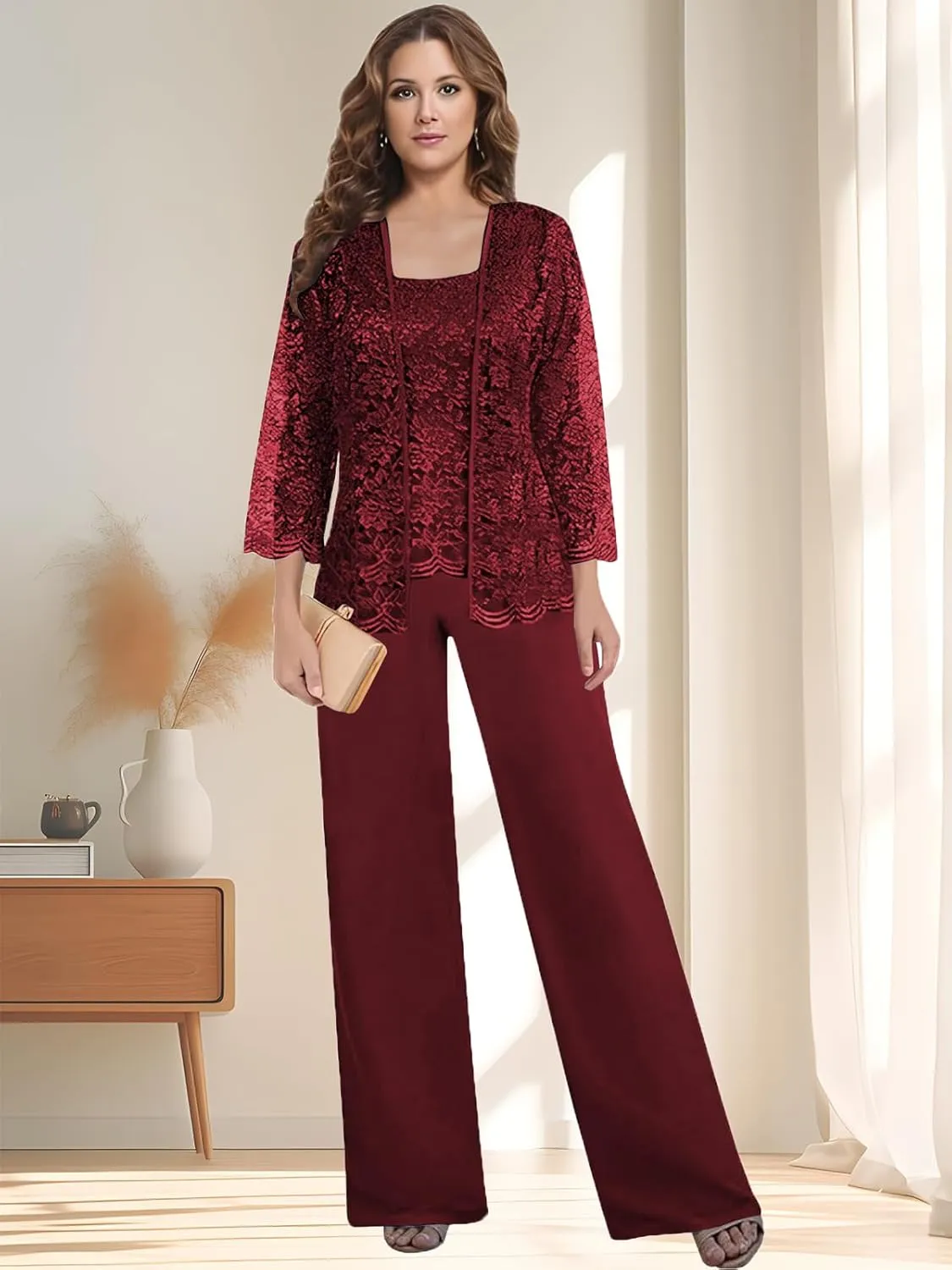 3 Pieces Mother of The Bride Pant Suits for Women Dressy with Jacket Long Sleeve Lace Chiffon Formal Wedding Outfit