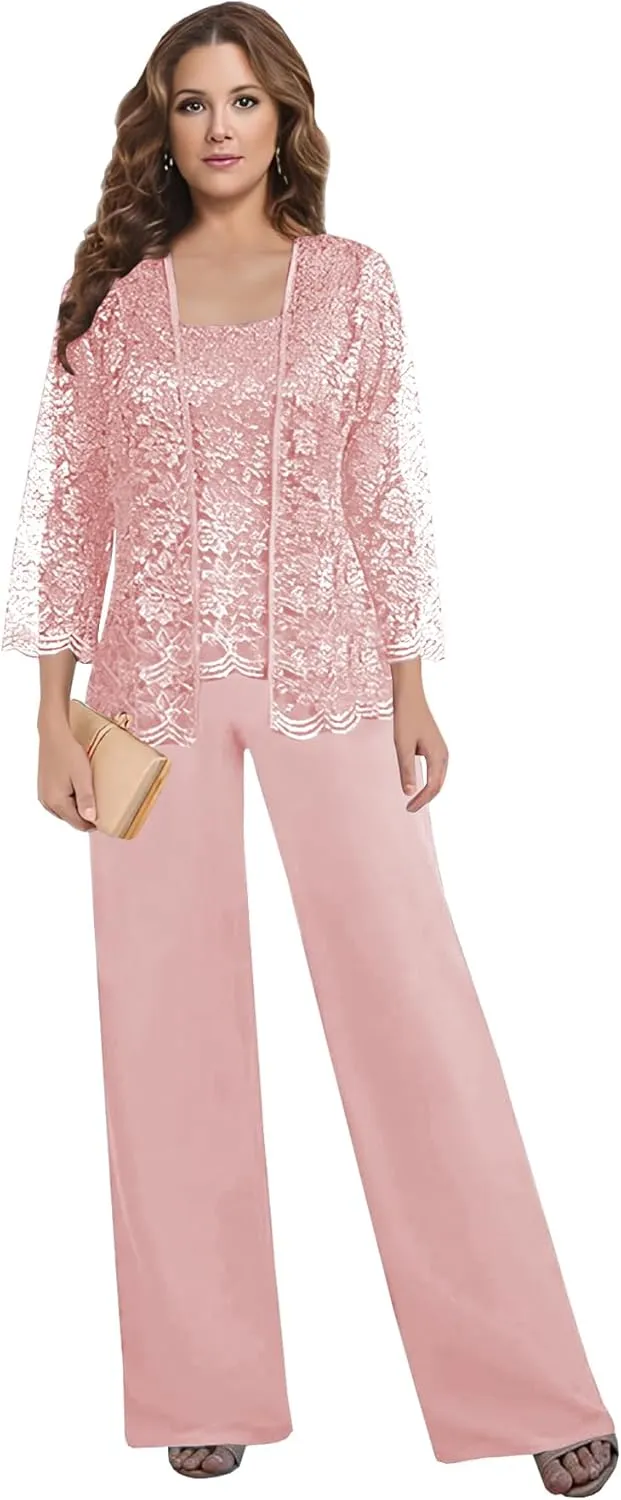 3 Pieces Mother of The Bride Pant Suits for Women Dressy with Jacket Long Sleeve Lace Chiffon Formal Wedding Outfit