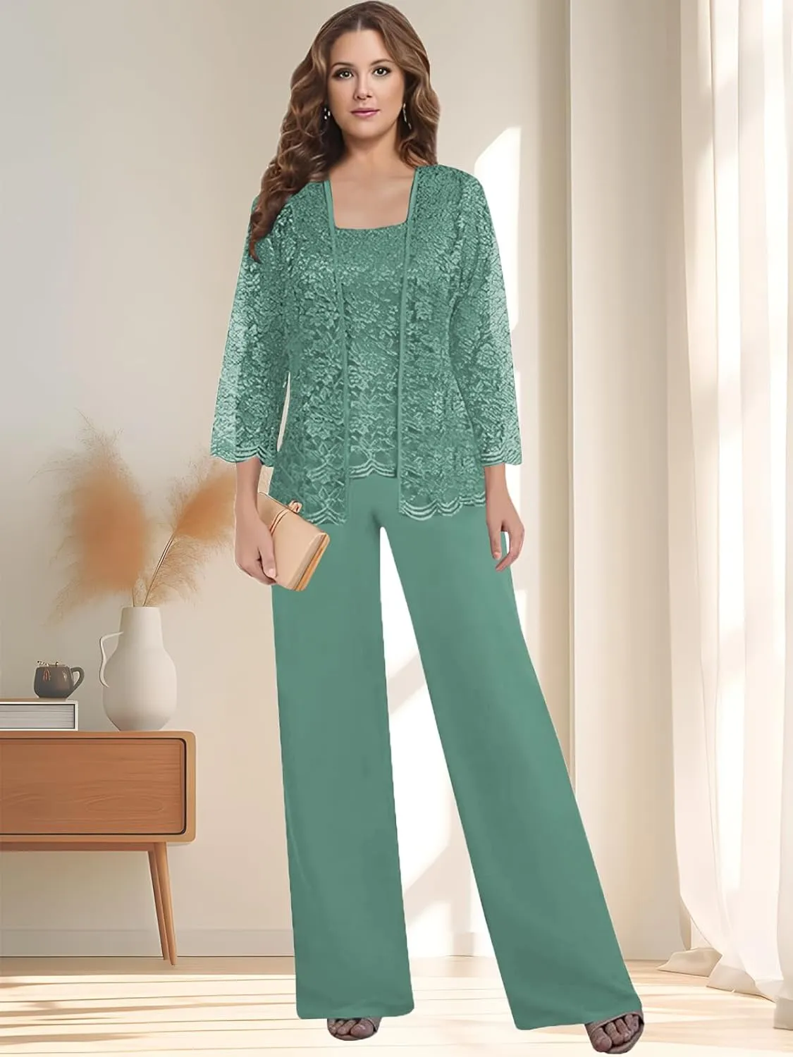 3 Pieces Mother of The Bride Pant Suits for Women Dressy with Jacket Long Sleeve Lace Chiffon Formal Wedding Outfit