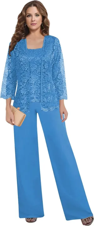 3 Pieces Mother of The Bride Pant Suits for Women Dressy with Jacket Long Sleeve Lace Chiffon Formal Wedding Outfit