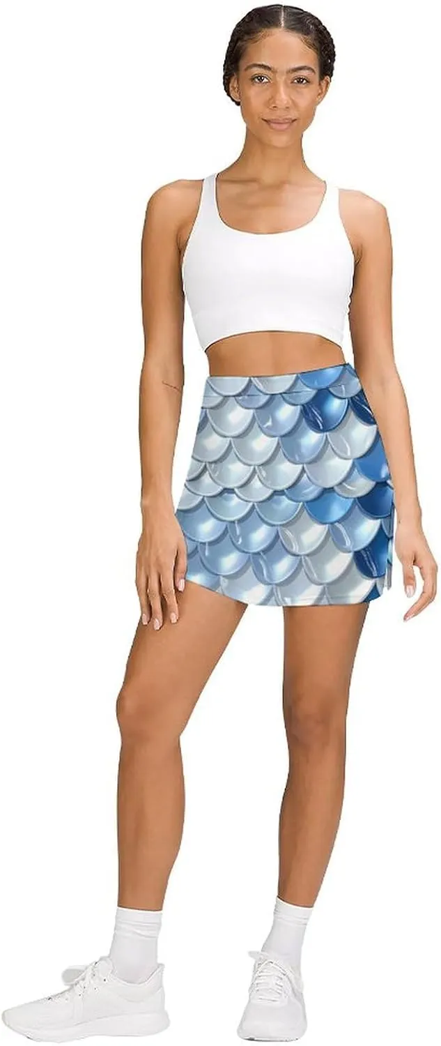 3D Blue White Scales Women's Skort Athletic Skirt Golf Skorts A-line Skirts with Built-in Shorts Pockets