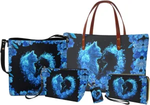 5 PCS Purse and Wallet Set Large Shoulder Bag Top Handle Purse with PU Wallet Cosmetic Purse Car Key Cover