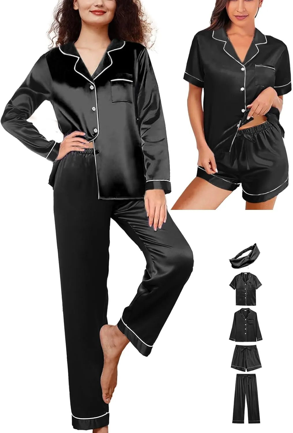 5Pcs Womens Satin Pajamas Set Silk Pajama Pjs XS-2XL Silky Pj Sets Button Down Sleepwear Nightwear Loungewear