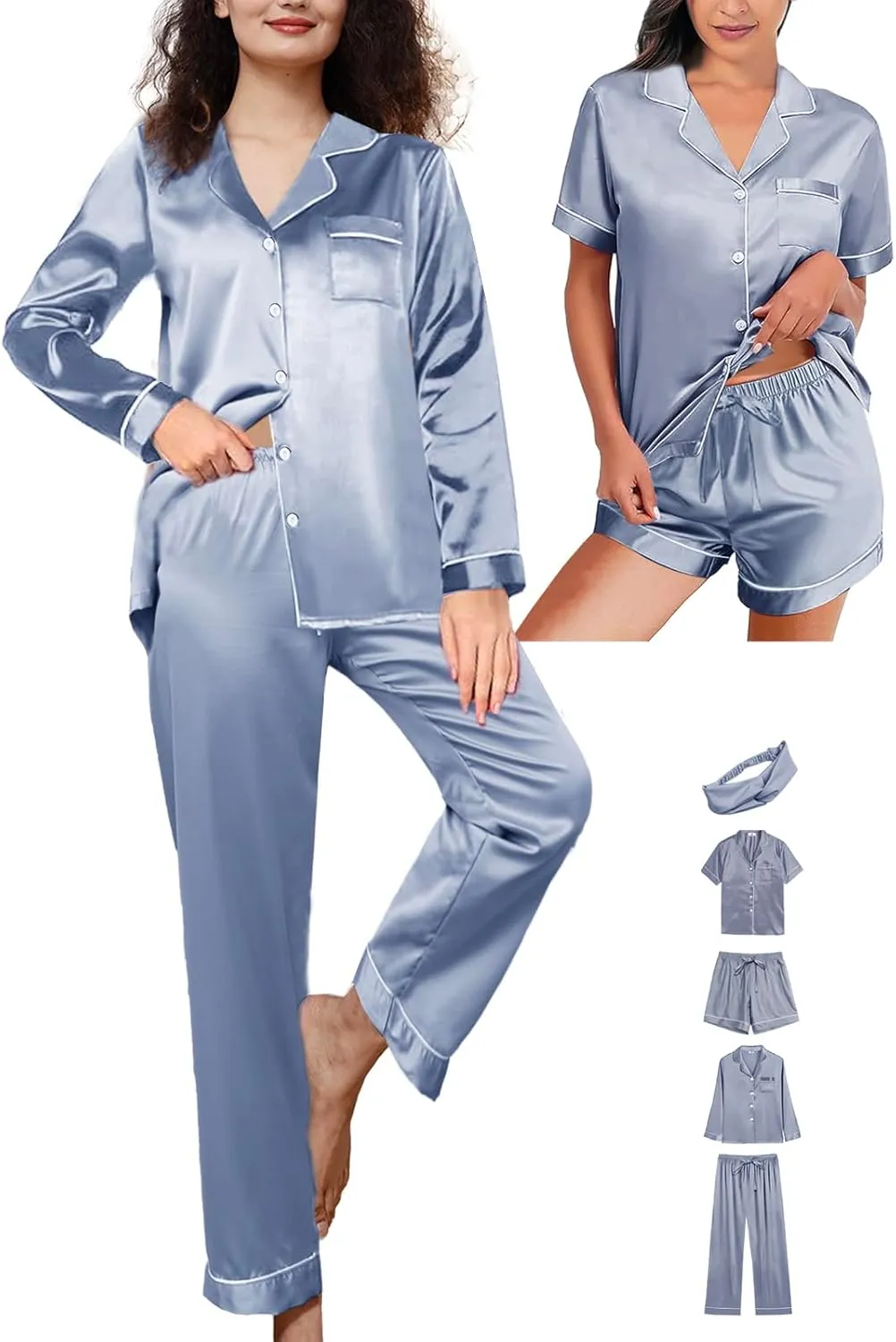 5Pcs Womens Satin Pajamas Set Silk Pajama Pjs XS-2XL Silky Pj Sets Button Down Sleepwear Nightwear Loungewear