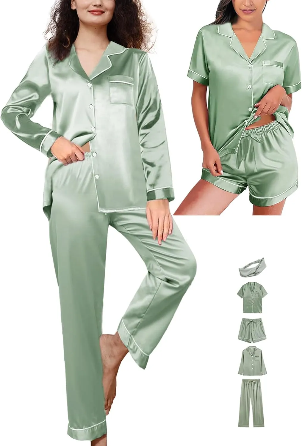 5Pcs Womens Satin Pajamas Set Silk Pajama Pjs XS-2XL Silky Pj Sets Button Down Sleepwear Nightwear Loungewear