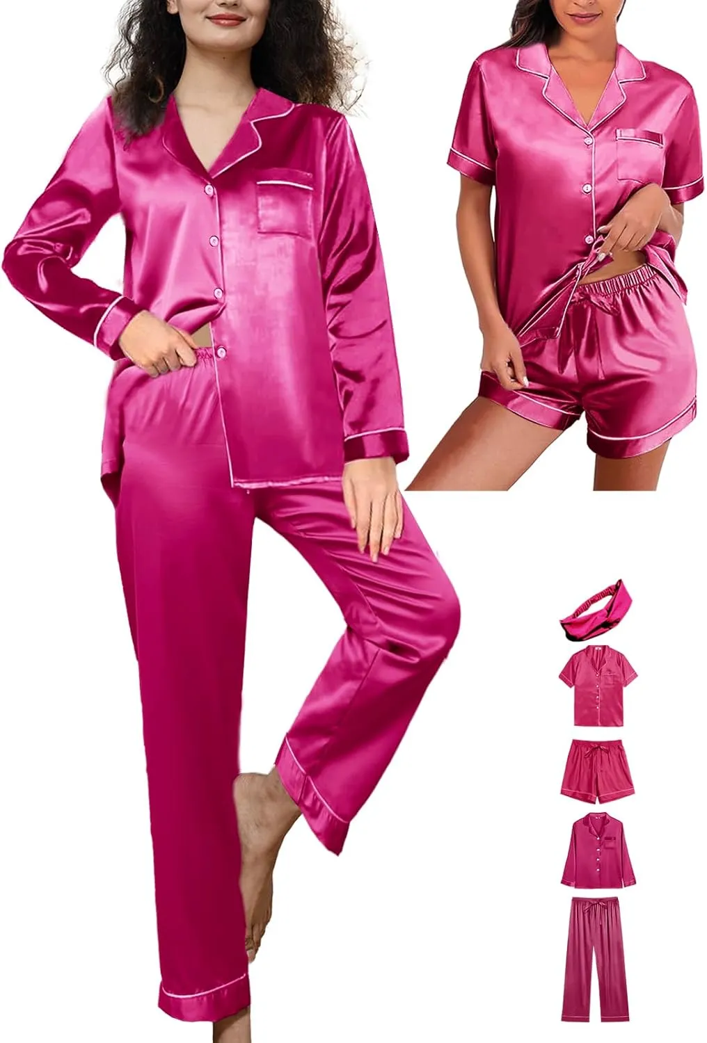 5Pcs Womens Satin Pajamas Set Silk Pajama Pjs XS-2XL Silky Pj Sets Button Down Sleepwear Nightwear Loungewear
