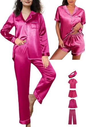 5Pcs Womens Satin Pajamas Set Silk Pajama Pjs XS-2XL Silky Pj Sets Button Down Sleepwear Nightwear Loungewear