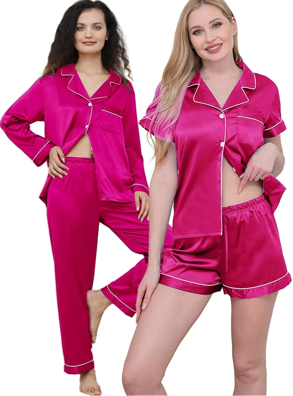 5Pcs Womens Satin Pajamas Set Silk Pajama Pjs XS-2XL Silky Pj Sets Button Down Sleepwear Nightwear Loungewear