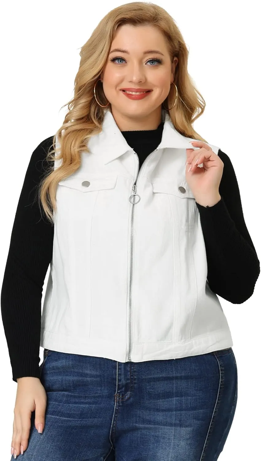 Agnes Orinda Plus Size Denim Vest for Women Sleeveless Zip Up Button Down Jeans Jacket Vest