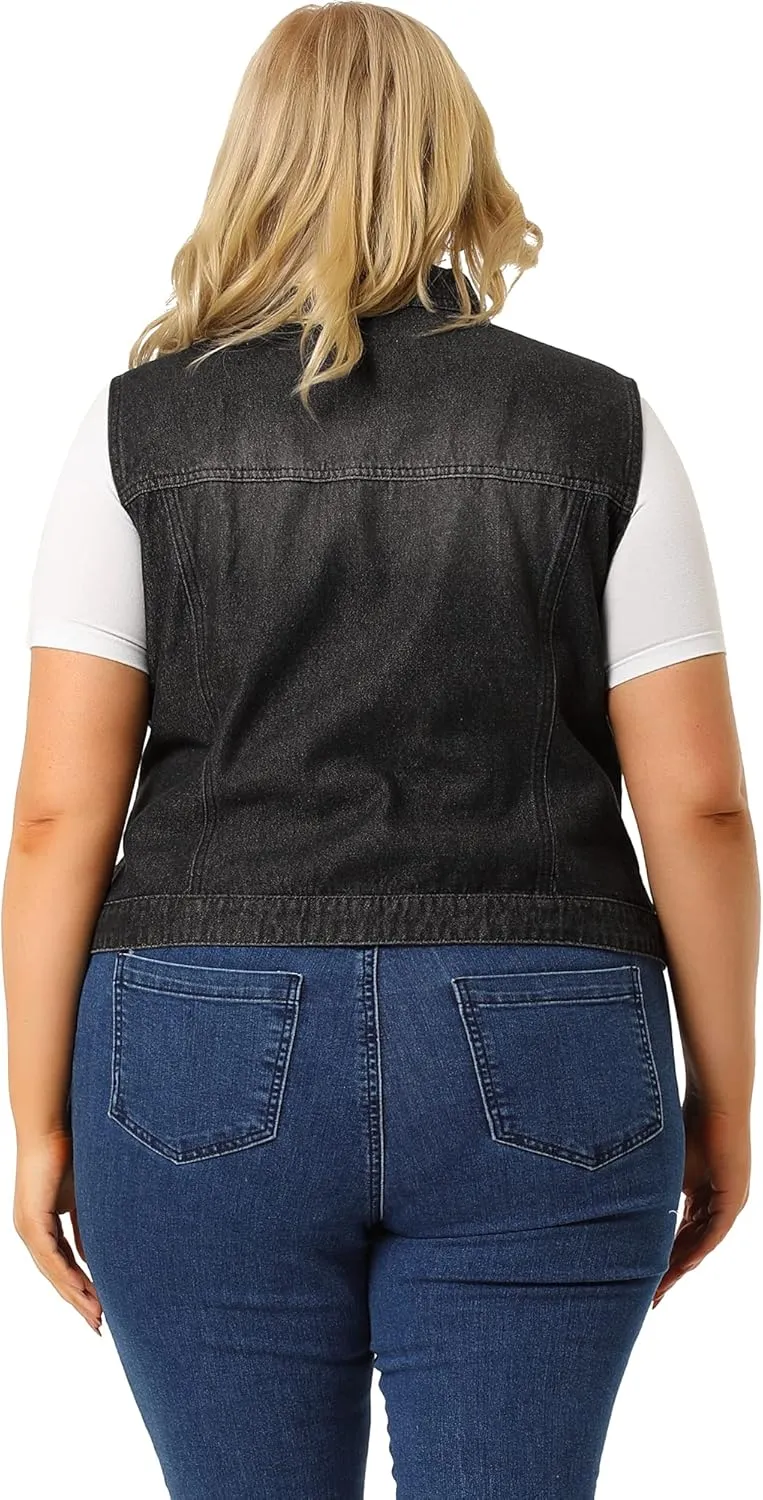 Agnes Orinda Plus Size Denim Vest for Women Sleeveless Zip Up Button Down Jeans Jacket Vest