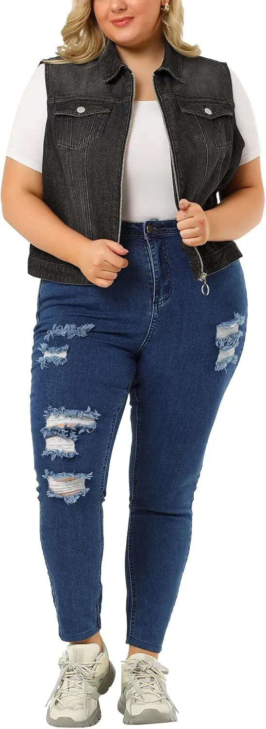 Agnes Orinda Plus Size Denim Vest for Women Sleeveless Zip Up Button Down Jeans Jacket Vest