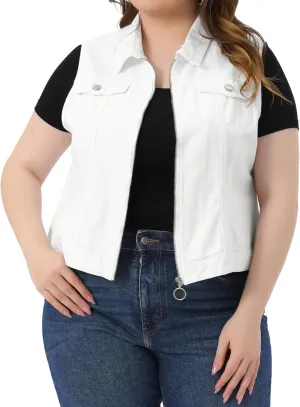 Agnes Orinda Plus Size Denim Vest for Women Sleeveless Zip Up Button Down Jeans Jacket Vest