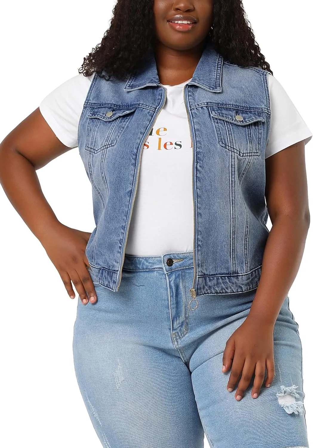 Agnes Orinda Plus Size Denim Vest for Women Sleeveless Zip Up Button Down Jeans Jacket Vest
