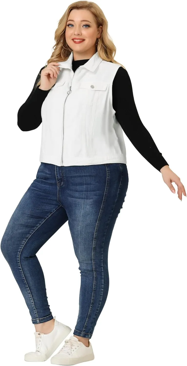 Agnes Orinda Plus Size Denim Vest for Women Sleeveless Zip Up Button Down Jeans Jacket Vest