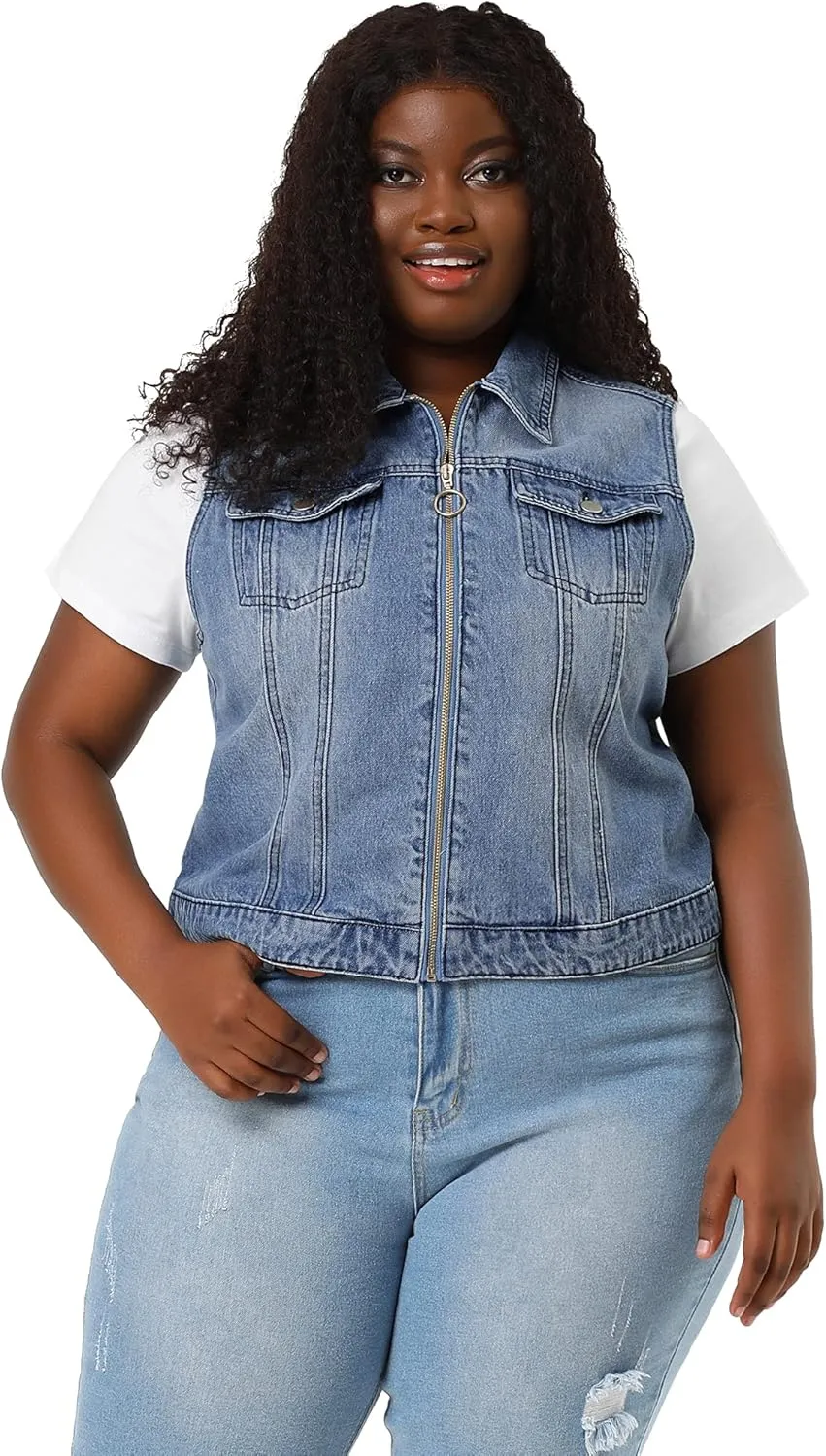 Agnes Orinda Plus Size Denim Vest for Women Sleeveless Zip Up Button Down Jeans Jacket Vest