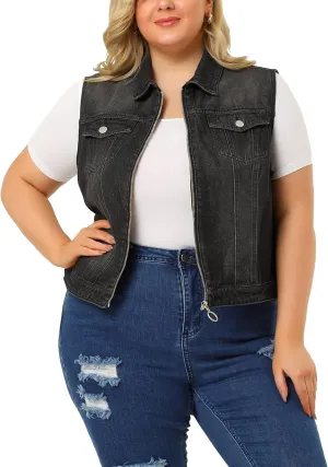 Agnes Orinda Plus Size Denim Vest for Women Sleeveless Zip Up Button Down Jeans Jacket Vest