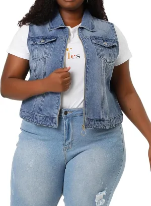 Agnes Orinda Plus Size Denim Vest for Women Sleeveless Zip Up Button Down Jeans Jacket Vest