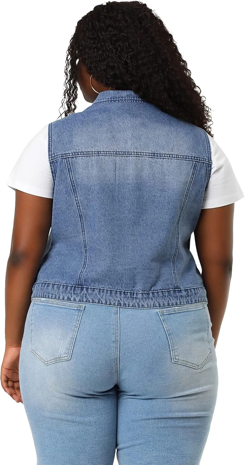 Agnes Orinda Plus Size Denim Vest for Women Sleeveless Zip Up Button Down Jeans Jacket Vest
