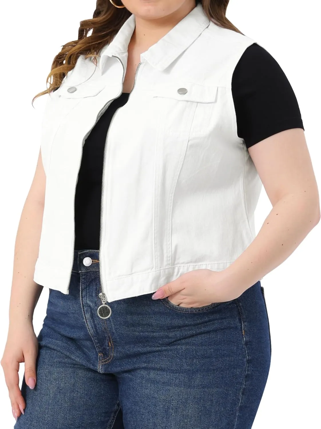 Agnes Orinda Plus Size Denim Vest for Women Sleeveless Zip Up Button Down Jeans Jacket Vest