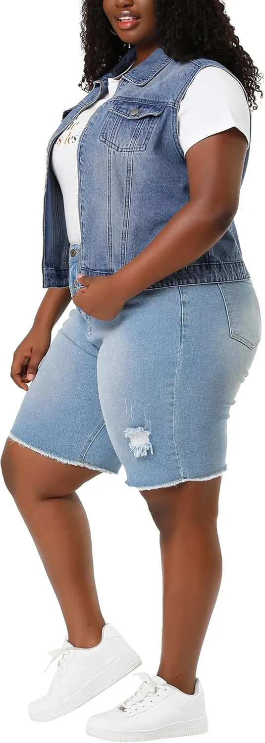 Agnes Orinda Plus Size Denim Vest for Women Sleeveless Zip Up Button Down Jeans Jacket Vest