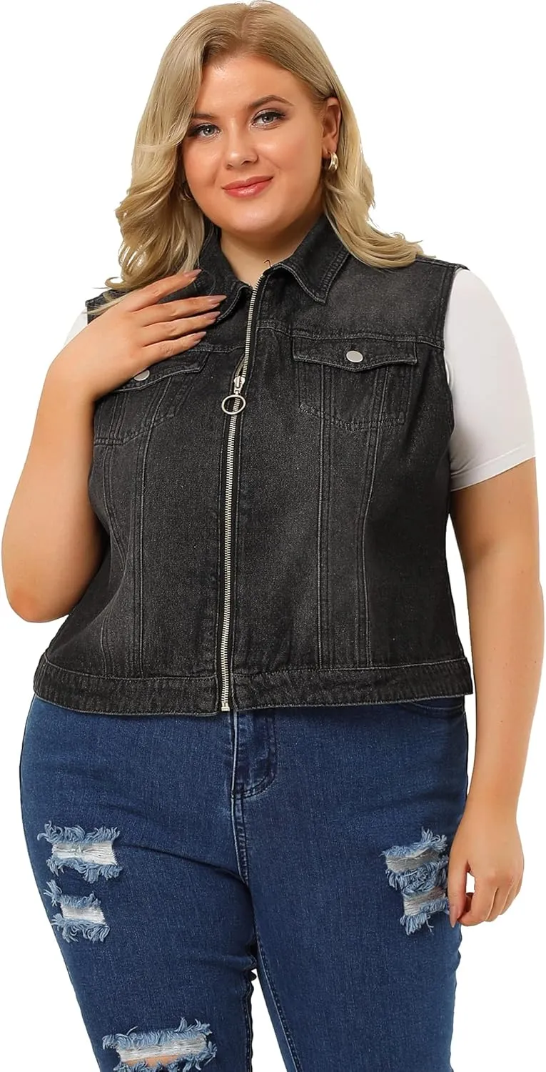 Agnes Orinda Plus Size Denim Vest for Women Sleeveless Zip Up Button Down Jeans Jacket Vest