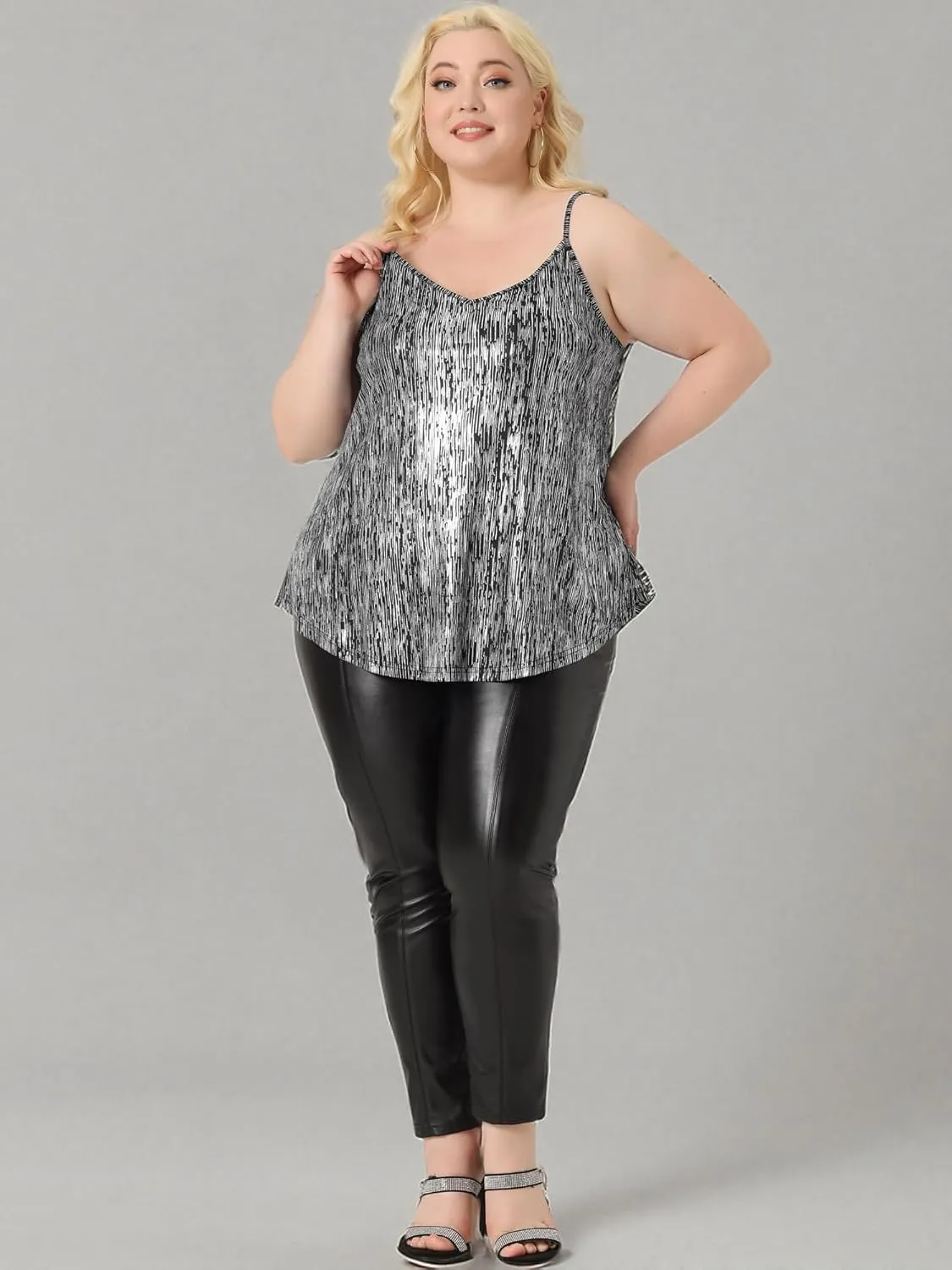 Agnes Orinda Plus Size Sequin Tank Tops for Women V Neck Bronzing Glitter Cami Sleeveless Camisole Vest