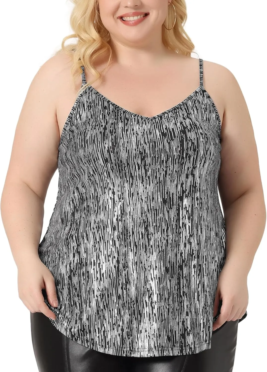 Agnes Orinda Plus Size Sequin Tank Tops for Women V Neck Bronzing Glitter Cami Sleeveless Camisole Vest
