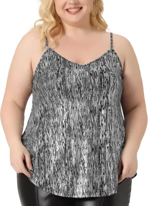 Agnes Orinda Plus Size Sequin Tank Tops for Women V Neck Bronzing Glitter Cami Sleeveless Camisole Vest