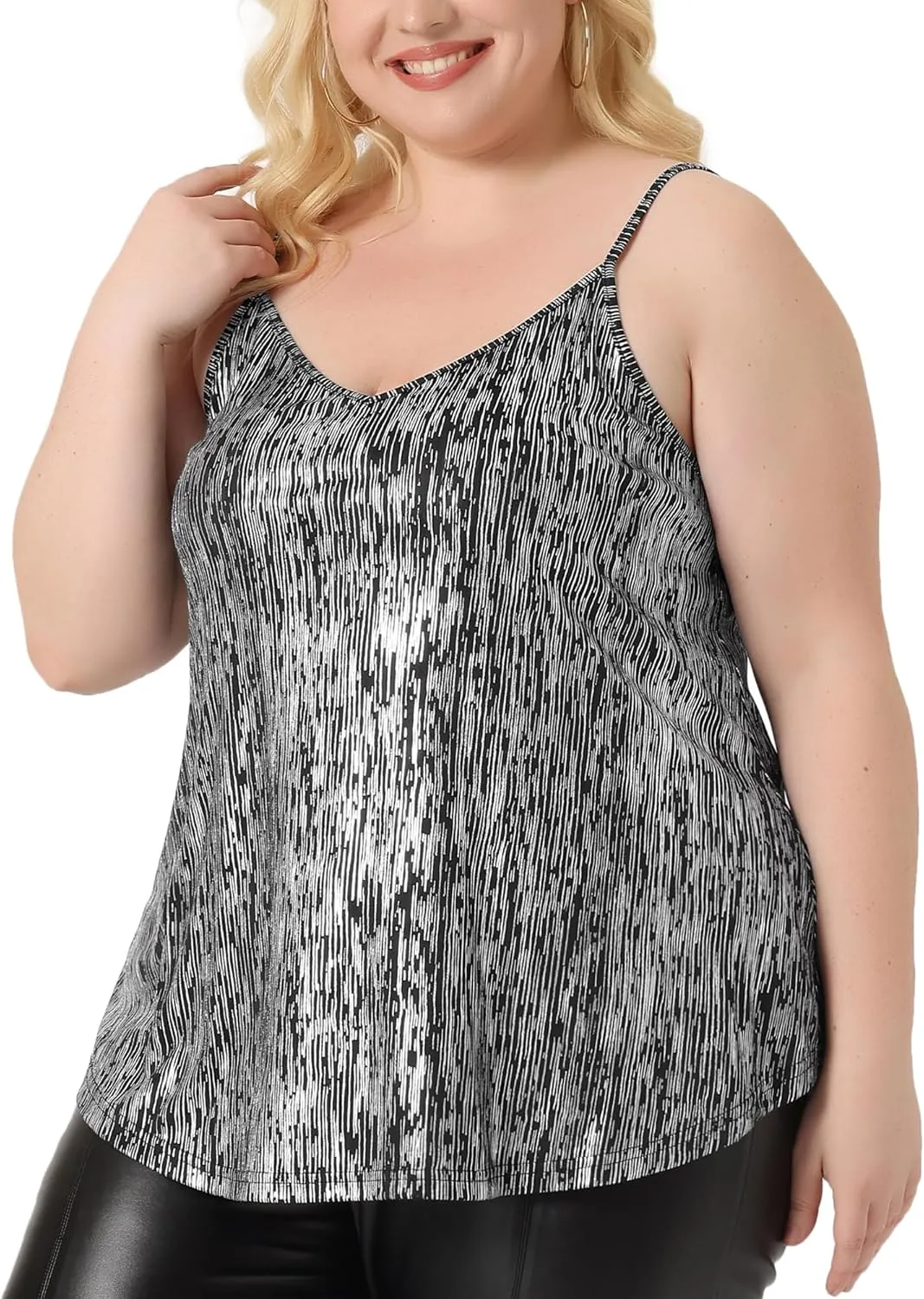 Agnes Orinda Plus Size Sequin Tank Tops for Women V Neck Bronzing Glitter Cami Sleeveless Camisole Vest