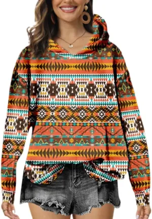 Akivide Women's Aztec Oversized Floral Print Hoodie Loose Casual Ethnic Western Long Sleeve Pullovers Hooded Sweatshirt Tops
